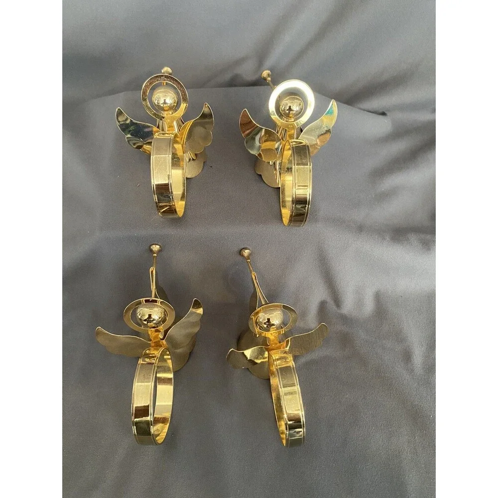 CHRISTMAS ANGEL TRUMPET BRASS GOLD TONE NAPKIN RINGS HOLDERS PLAYING TRUMPET SET
